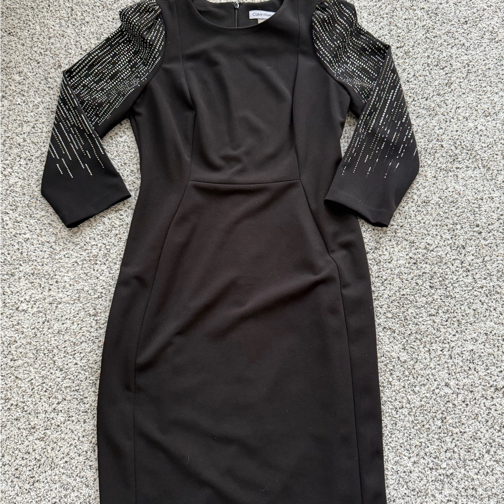 Calvin Klein Black Long Sleeve Sheath Dress with Beaded Sleeves